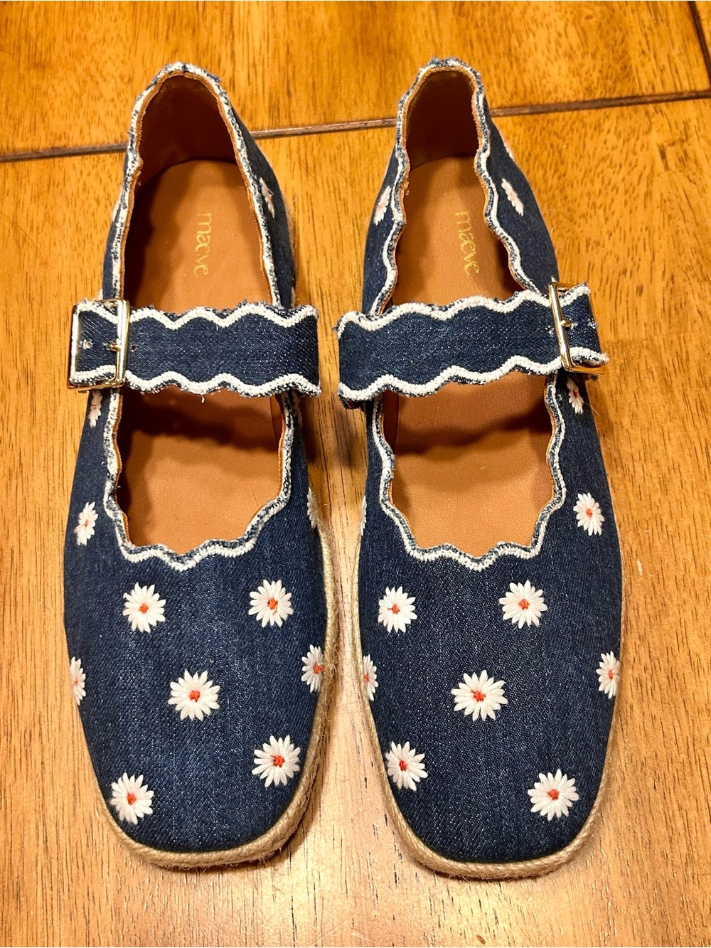 Anthropologie Daisy Embroidered Maeve Denim Mary Jane Espadrilles -  Sz 38/7.5-8